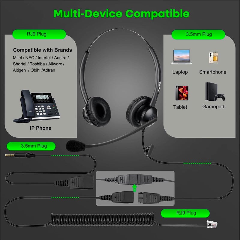 MAIRDI Call Center Headset with Microphone Noise Canceling, Office Phone Headset with RJ9 Jack & 3.5mm Connector for Landline Deskphone Cell Phone PC Laptop, for Mitel Aastra Toshiba NEC Shoretel - Image 4